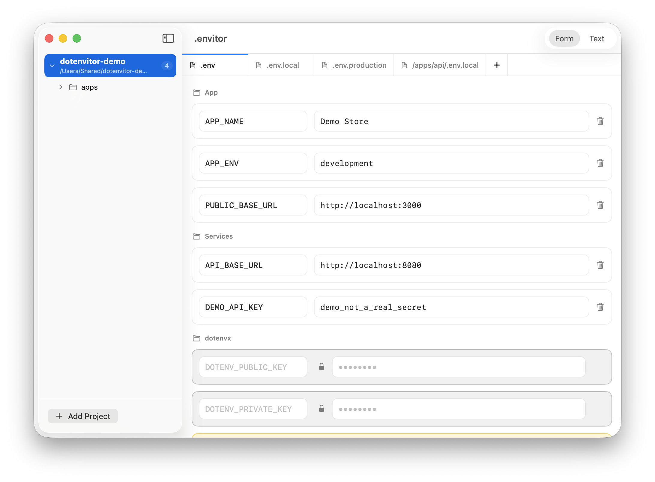 Dotenvitor form editor with multiple .env files in one project