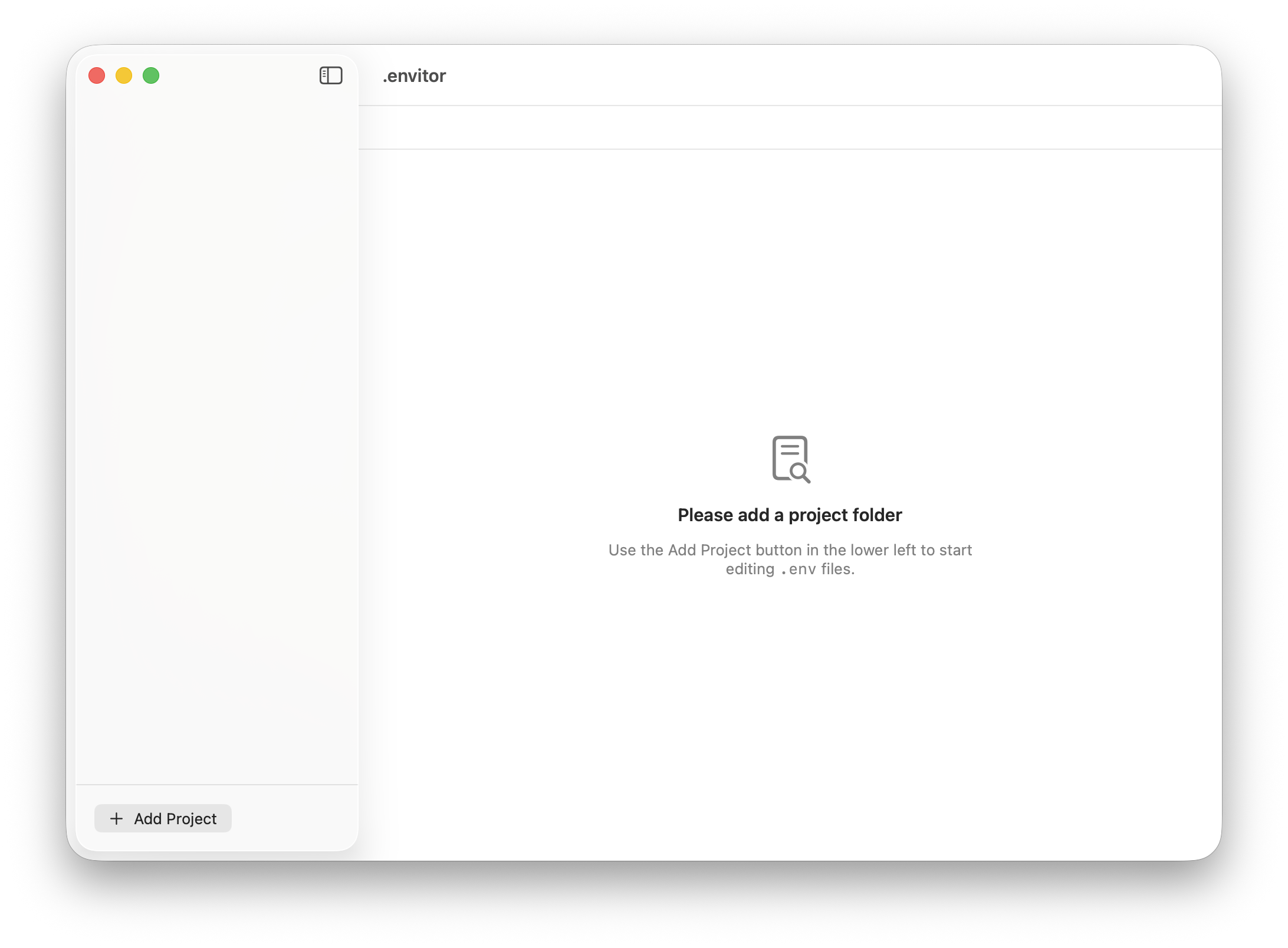 dotenvitor empty project screen with Add Project action