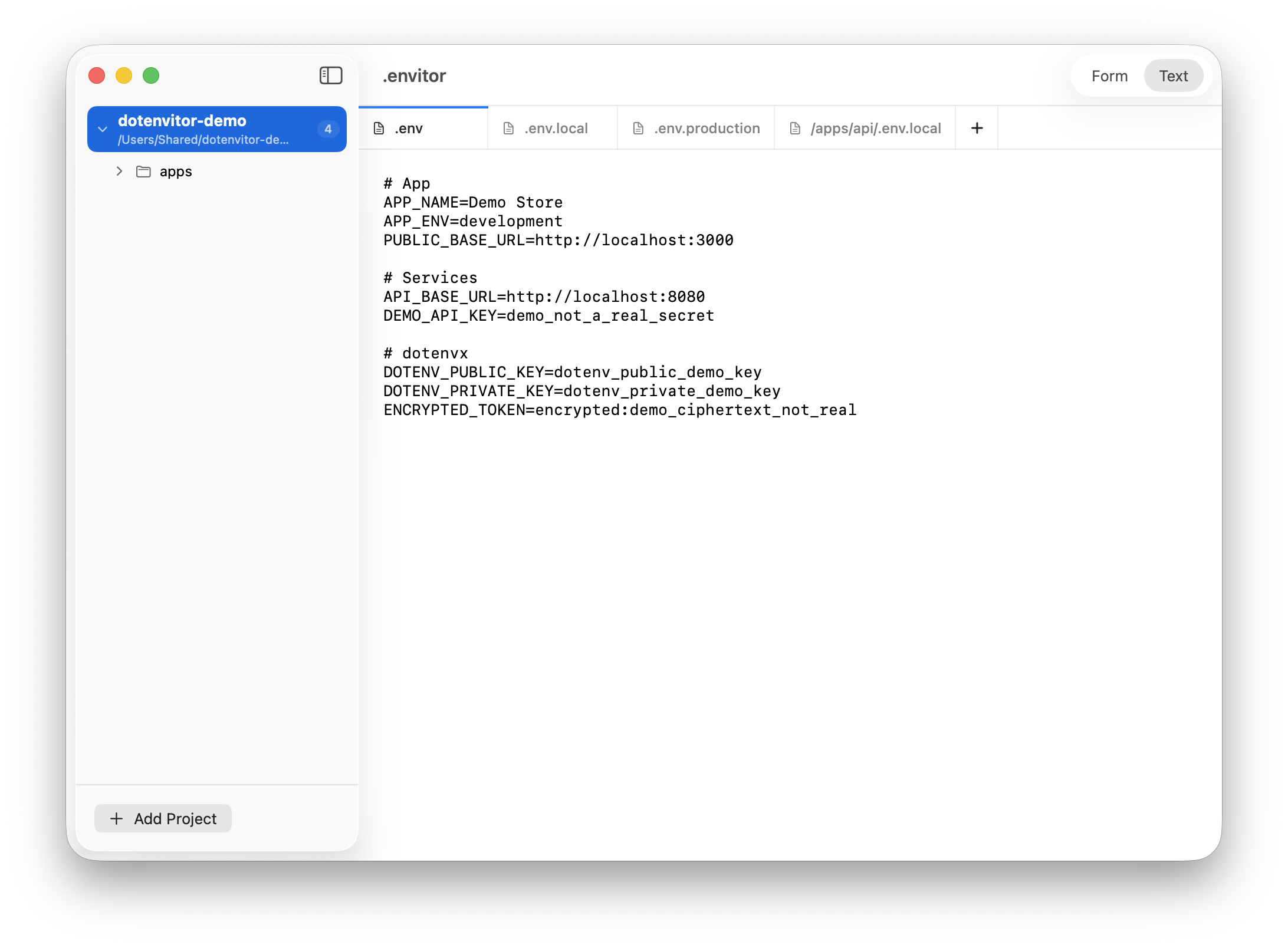 dotenvitor text mode showing .env content