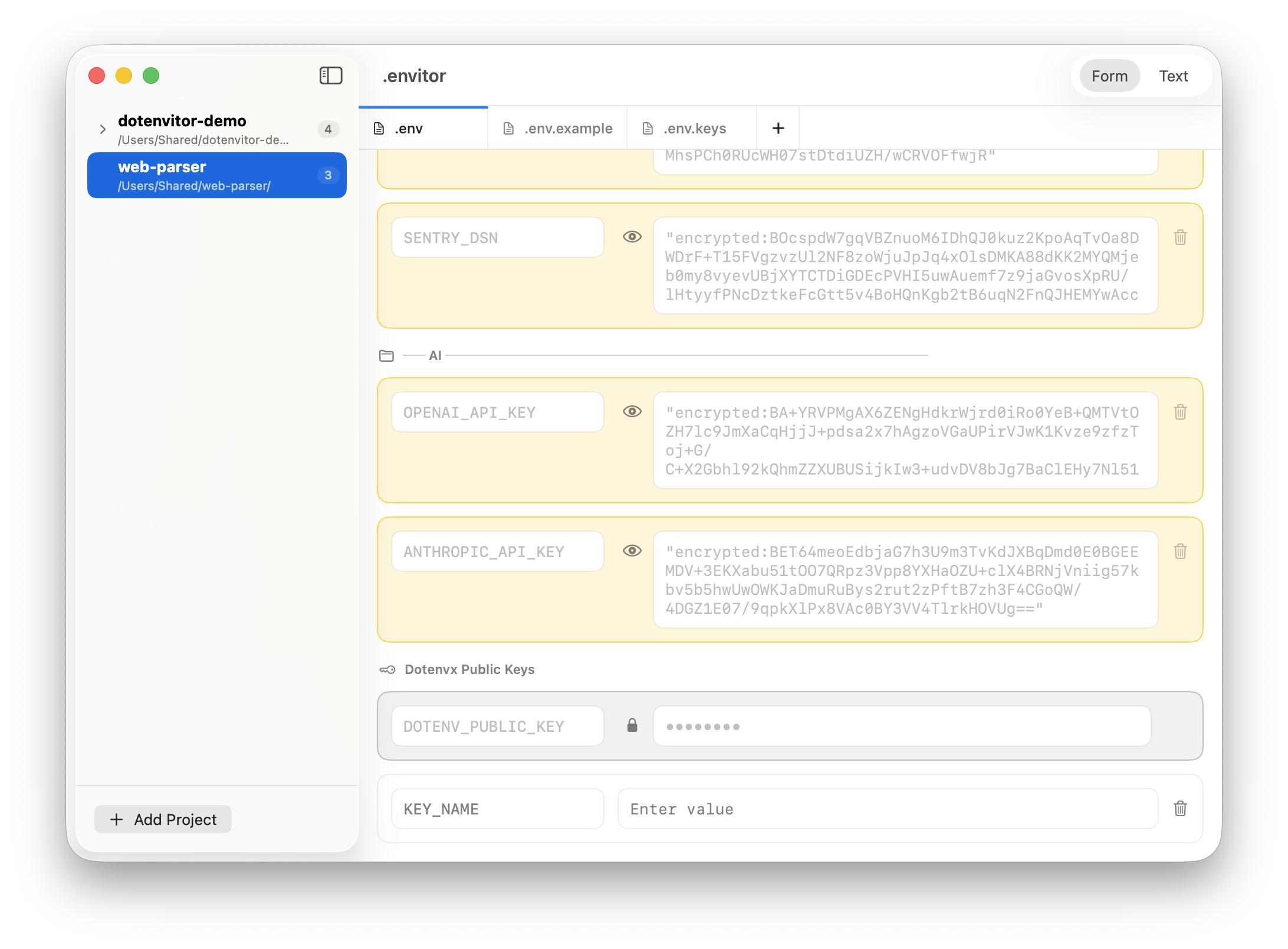 Dotenvitor screen showing dotenvx-related encrypted entries